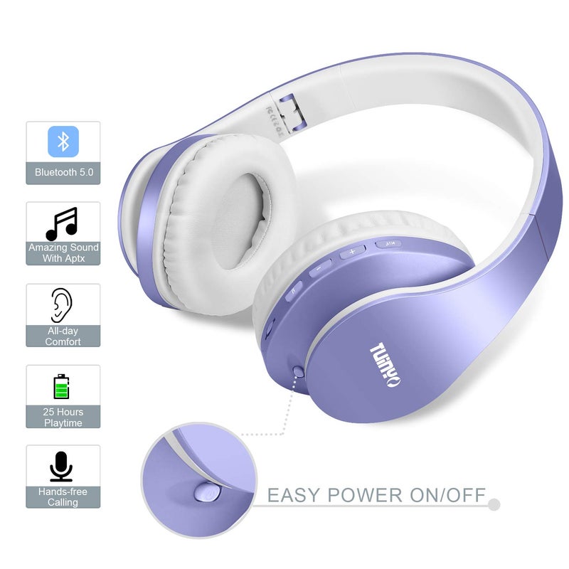 TUINYO Wireless Headphones Over Ear, Bluetooth Headphones with Microphone, Foldable Stereo Wireless Headsetfor Travel Work TV PC Cellphone-Purple - Image 4